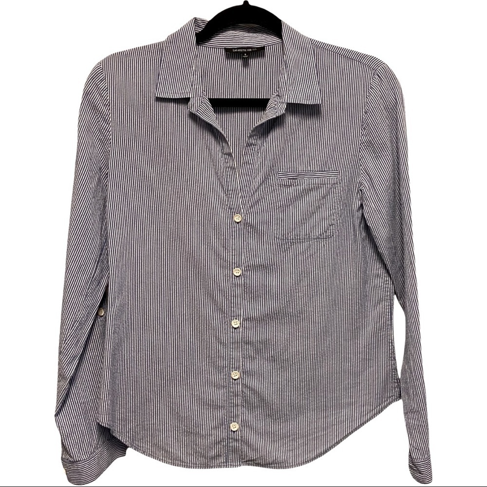 Lafayette 148 NAVY BLUE White Striped Ticking Button Down Timeless Blouse 4536